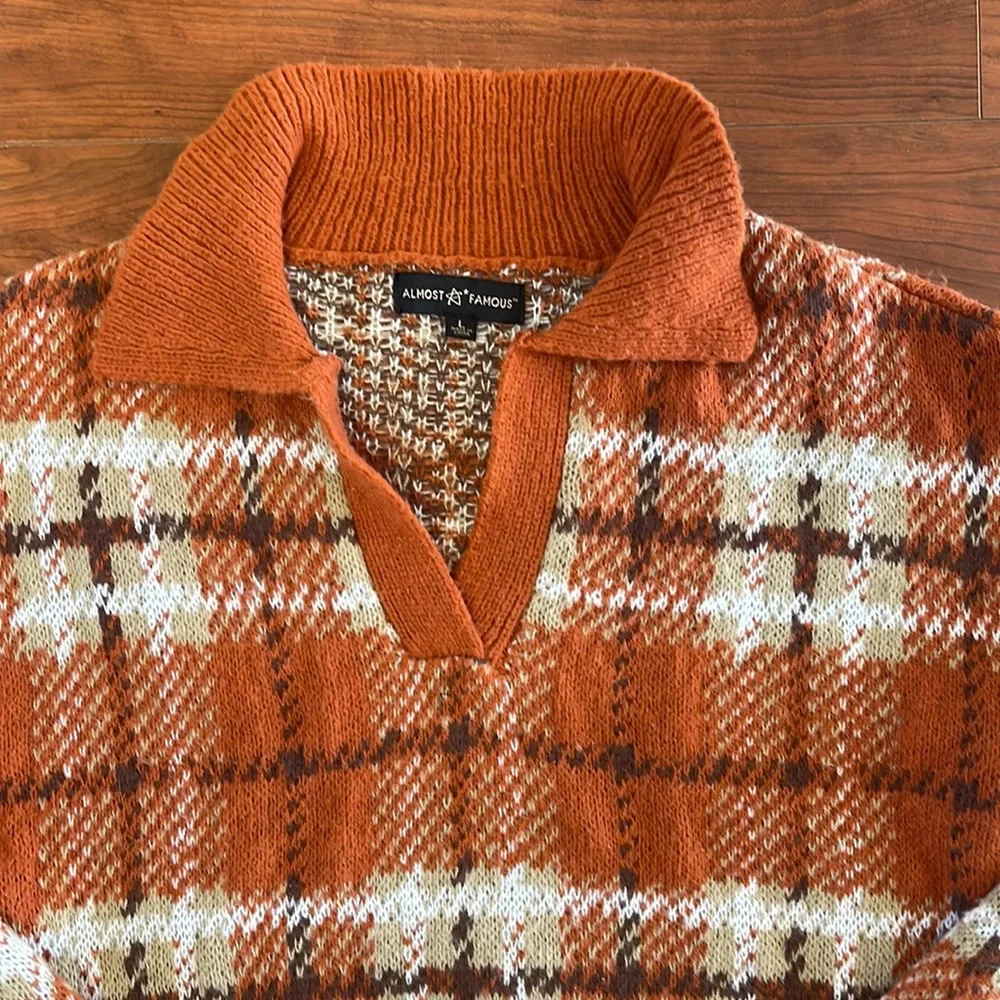 Almost Famous Orange Plaid V Neck Knit Sweater